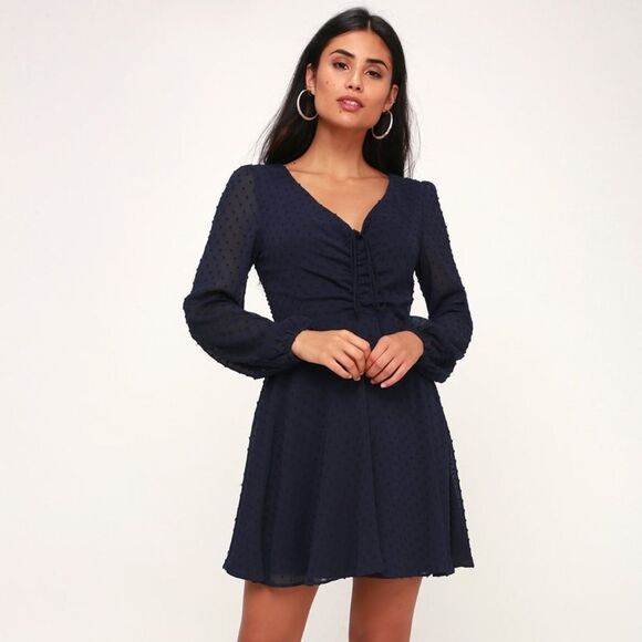 Lulu’s Navy Blue Swiss Dot Long sleeve  Dress - Picture 1 of 6